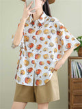 Cute Pumpkin Print Short Sleeve Button Shirt for Women