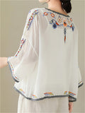 Ladies Ethnic Style Floral Embroidery Round Neck Shirts