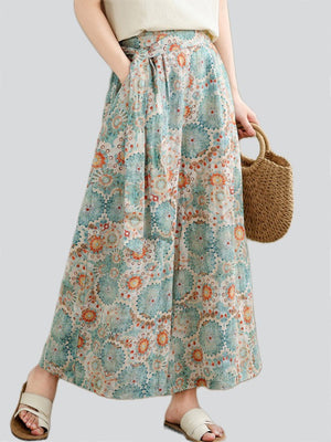 Women's Bohemian Print Waist Strap Super Loose Wide Leg Pants