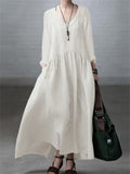 Spring Autumn V-neck Simple Relaxed Solid Dresses for Ladies