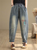 Women's Elastic Waist TR Patch Letter Embroidered Jeans