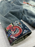 Women's Mythical Phoenix Embroidery Stand Collar Blue Denim Jacket