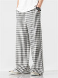 Asian High Street Style Plaid Cotton Linen Wide Leg Pants for Men