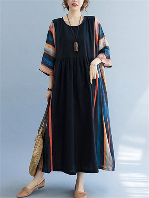 Ethnic Style Multicolor Stripes Round Neck Loose Dress for Women