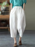 Cotton Linen Elastic Waist Solid Patchwork Women's Pants