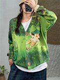 Cute Cartoon Print V Neck Button Long Sleeve Jacket for Women