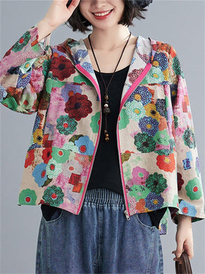 Women's Cute Floral Printed Zip Up Hooded Short Jackets