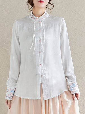 Women's Flower Embroidery Elegant Stand Collar White Shirt