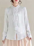 Women's Flower Embroidery Elegant Stand Collar White Shirt