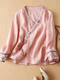 Female Ethnic Style V Neck Embroideried Side Lace Up Cotton Shirt