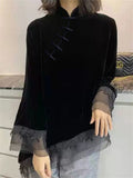 Women's Retro Lace Patchwork Black Velvet Knot Button Shirt