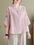 Women's Leisure Flower Embroidery Half Sleeve Loose Shirt