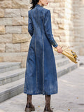 Ladies Vintage Embroidery V-Neck Side Slit Denim Dress