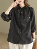 Female Popular Cotton Linen Button Up Pocket Striped Shirts