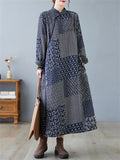 Women's Vintage Square Print Plush Liner Straight Long Dress