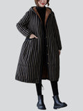 Women's Mid-length Black White Stripe Fleece-lined Coats