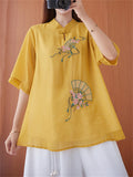 Chinese Style Peach Blossom Fan Embroidery Female Half Sleeve Shirt