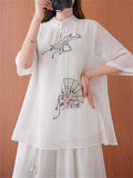 Chinese Style Peach Blossom Fan Embroidery Female Half Sleeve Shirt