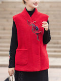 Women's Elegant Flower Embroidery Fluffy Sleeveless Jacket