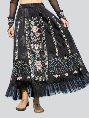 Female Black Satin Flower Embroidery Skirts