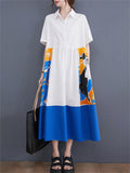 Chic Contrast Color Abstract Print Lapel Dress for Lady