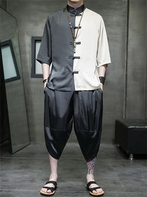 Male Color-blocked Shirt + Cropped Pants Silky Suits