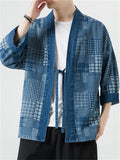 Men's Vintage Blue Lace-Up Plaid Denim Jacket