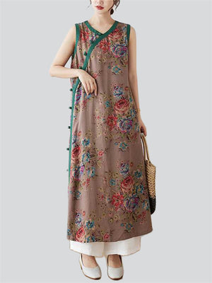 Chinese Style V-Neck Floral Print Sleeveless Cheongsam Dress