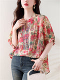 Elegant Tiny Rhinestone V Neck Flowy Floral Print Shirt for Ladies