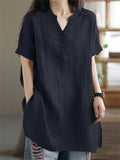 V Neck Short Sleeve Pullover Relaxed Linen Shirt for Female