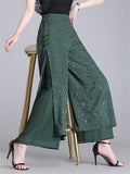 Women's Floral Leaf Jacquard High Slit Layered Pants