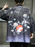 Men's Open Front Crane Flower Lotus Leaf Printed Shirts