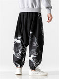 Japanese High Street Cranes Printed Loose Pants for Men