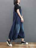 Fashionable Wide Leg Dark Blue Cotton Jumpsuits For Women