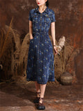 Lady Temperament Printed Lapel Metal Button Denim Dresses