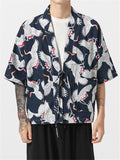 Men's Casual Cranes Printed Short Sleeve Kimono Shirts