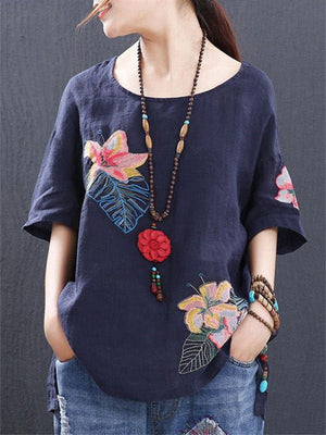 Retro Ethnic Style Embroidery O-neck T-shirts