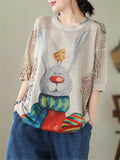 Women's Rabbit Bird Cartoon Print Hollow Breathable Shirt