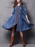 Ethnic Style Embroidery Half Sleeve Adjustable Waist Denim Dress