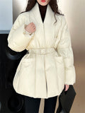 Women's Chic V Neck Tie-Waist Wrap White Duck Down Coat