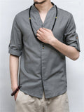 Men's V neck Cotton Linen Solid Color Shirts