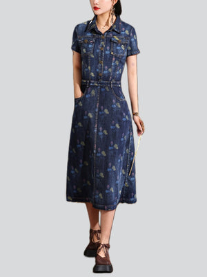 Lady Temperament Printed Lapel Metal Button Denim Dresses