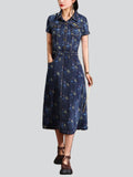 Lady Temperament Printed Lapel Metal Button Denim Dresses