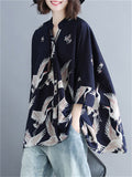 Irregular Loose Cranes Printed Chiffon Shirts