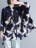 Irregular Loose Cranes Printed Chiffon Shirts