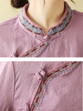 Women's Embroidery Stand Collar Cotton Linen Long Sleeve Shirt