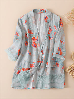 Women's Light Breathable Floral Printed Linen Blazer