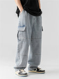 Vintage Spring New Male Washed Pockets Drawstring Jeans