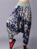 Chinese Dragon Printed Cotton Linen Harem Pants for Women