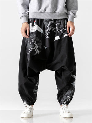 Japanese High Street Cranes Printed Loose Pants for Men